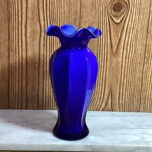 Vintage Cobalt Blue Blown Cased Art Glass 8” Vase